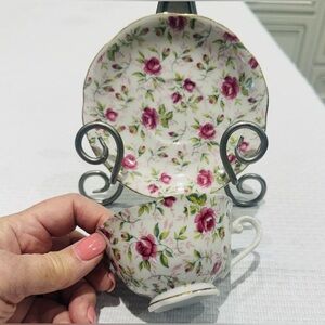 Vintage Lefton 656R Pink Rose Chintz Teacup & Saucer Japan 1950s